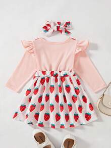 SHEIN Playful Pals 女婴草莓印花蝴蝶结装饰圆领长袖两件套可爱连衣裙 - 粉色 - 查看 9
