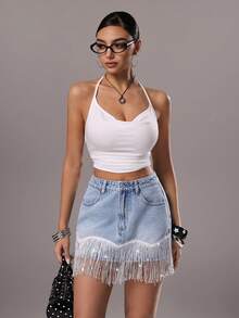 TRNVIE 女士时尚流苏边牛仔迷你裙 - 淺色水洗藍 - 查看 7