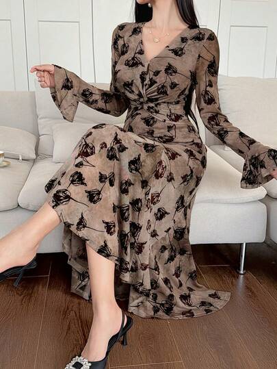 DAZY Vestido de sirena de manga larga, cintura ceñida y escote en V para mujer