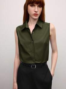 BizChic 女士翻领无袖纽扣衬衫，百搭实用，适合办公室、正式场合、优雅都市通勤、休闲场合，以及充满浪漫90年代复古风情的场合，例如派对、毕业典礼、日常穿着、婚礼宾客、伴娘、主持人、外出、社交活动、音乐会、毕业典礼、早午餐、机场等。 - 軍綠色 - 查看 7