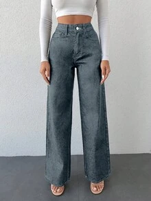 SHEIN 100%純棉斜口袋寬腿牛仔褲，小碼女款 - 淺色水洗藍 - 查看 4