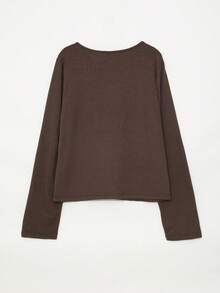 Dazy Plus Camiseta gris de manga larga con cuello en V, unicolor, elástica, con lazo decorativo y diseño hueco para mujer de talla grande - Café integral - Ver 7