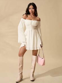 SHEIN PETITE Romantic Off Shoulder Flounce Sleeve Waist Dress - Apricot - View 7