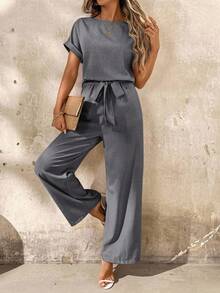 SHEIN Clasi Women's Casual Solid Color Backless Straight Jumpsuit, Summer - Dark Grey - View 8