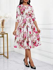 SHEIN Lady 女士印花圆领中长连衣裙 - 彩色 - 查看 6