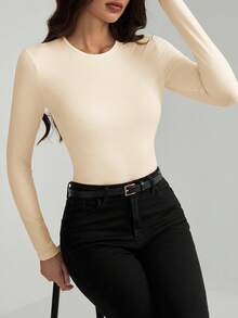 SHEIN Tall 纯色修身春季女士连体衣 - 杏色 - 查看 5