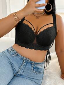DesireSculpt 1pc Plus Size Lace Contrast Mesh Underwire Bra - Black - View 7