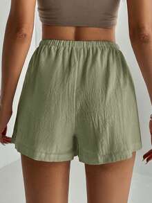 SHEIN Tall 女士纯色抽绳腰带口袋休闲百搭日常短裤 - 軍綠色 - 查看 3