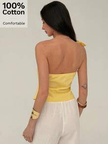 Aloruh Blusa de unicolor sin mangas con diseño plisado, moda de verano para mujeres, vacaciones de verano, top de verano, vacaciones, vacaciones de verano para mujeres, vacaciones de verano, playa - Amarillo - Ver 2