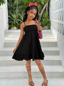 Tween Girls Black Textured Camisole Princess Dress, Casual, Fashionable, Versatile, Suitable For Party, Outing, Sister Photo Shoot, Park, Camping, Vacation, Daily Leisure - Black - View 3