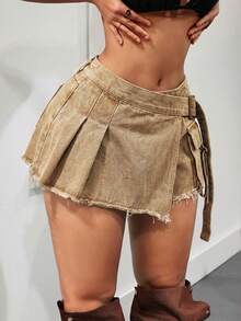 SHEIN ICON 女士休闲复古裹身流苏边牛仔短裤，夏季 - 卡其色 - 查看 4