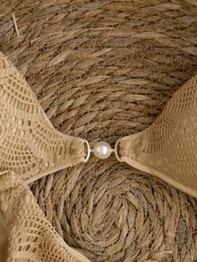 Swim Vcay 2026春夏绿色格纹+涤纶可调节侧边高衩比基尼套装，甜美度假风 - 卡其色 - 查看 5