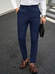 Manfinity Bizformal Men's Solid Color Casual Pants With Belt Loops And Pockets, Minimalist And Versatile, Formal - Navy Blue - View 2