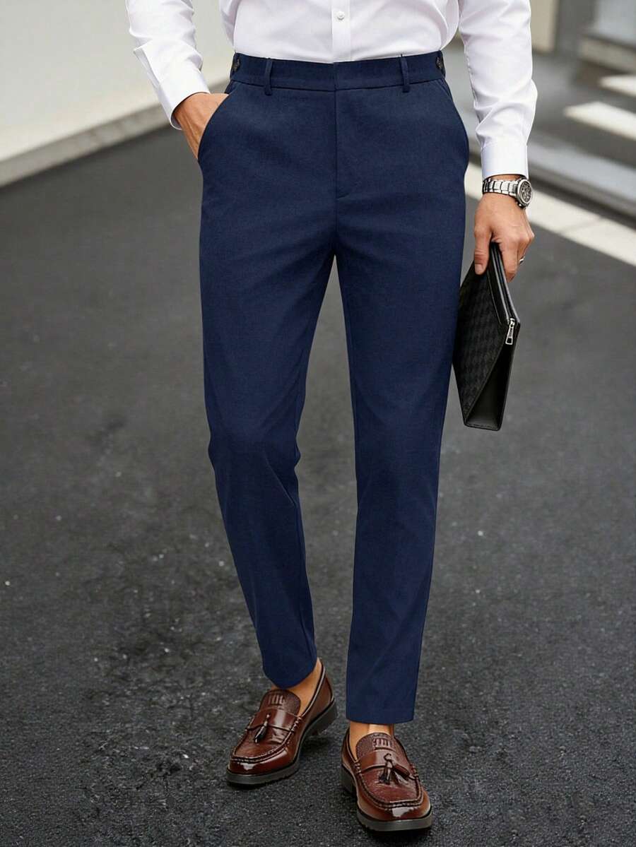 Manfinity Bizformal Men's Solid Color Casual Pants With Belt Loops And Pockets, Minimalist And Versatile, Formal