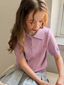 DAZY 少女蝴蝶结刺绣扭结短袖Polo领针织上衣 - 粉色 - 查看 6