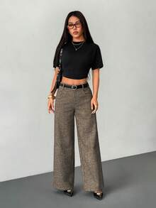 SHEIN PETITE 女士纯色口袋阔腿宽松休闲裤，适合通勤、办公穿着/复古风格/时尚外出/春夏保暖羊毛斜纹直筒裤/夏季女士裤装，棕色斜纹直筒裤，工作裤，秋季 - 咖啡棕 - 查看 7