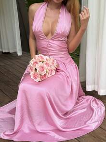 Livesso Pink Summer Girly Sexy Tropical Date Night Vacation Holiday Backless Spaghetti Strap Dress,Elegant Flared Midi Sun Dresses For Women,Wedding Party - Hot Pink - View 6