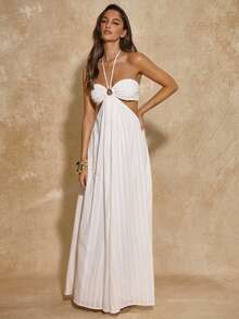 SHEIN BAE 女士休闲度假纹理棉质刺绣露背吊带镂空连衣裙，适合海滩度假、海滩派对、姐妹聚会、音乐节等场合，白色棉质刺绣连衣裙 - 白色 - 查看 3