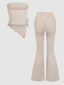 少女吊带背心套装，杏色抽绳不对称T恤搭配两件式喇叭裤，露肩T恤，秋季少女服装，舒适T恤套装 - 杏色 - 查看 2