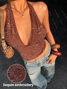 Siren Gaze Women's Spring/Summer Sequined Embroidered Halter Neck Top, Vacation-Style Bohemian Deep V Sequined Embroidered Brown Top. - Brown - View 8