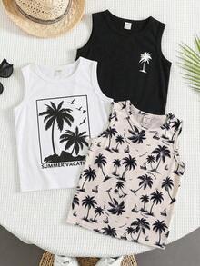 3pcs/Set Tween Boys' Casual Vacation Style Palm Tree Print Sleeveless Loose Knit Tank Top Set, Suitable For School, Vacation, Spring & Summer - Multicolor - View 1