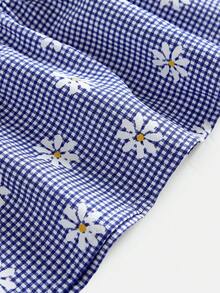 SHEIN Firerie Kids Tween Girls Blue Plaid Daisy Print Camisole + Pants 2 Pieces Set, Casual, Fashionable, Versatile, Suitable For Party, Outing, Sister Photo Shoot, Park, Camping, Vacation, Daily Leisure - Blue - View 4