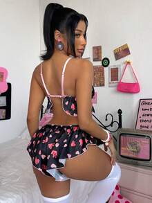 Eraneu Valentine's Day Sexy Series Heart Print Backless 2pcs Women's Lingerie Set - Black - View 2