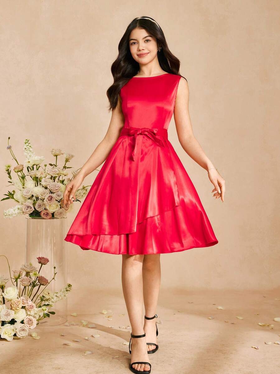 Satin Formal Dress For Teenagers, Teen Girl Taffeta Party Dress, Celebratory Red Banquet Dress For Teen Girl - Red - View 1