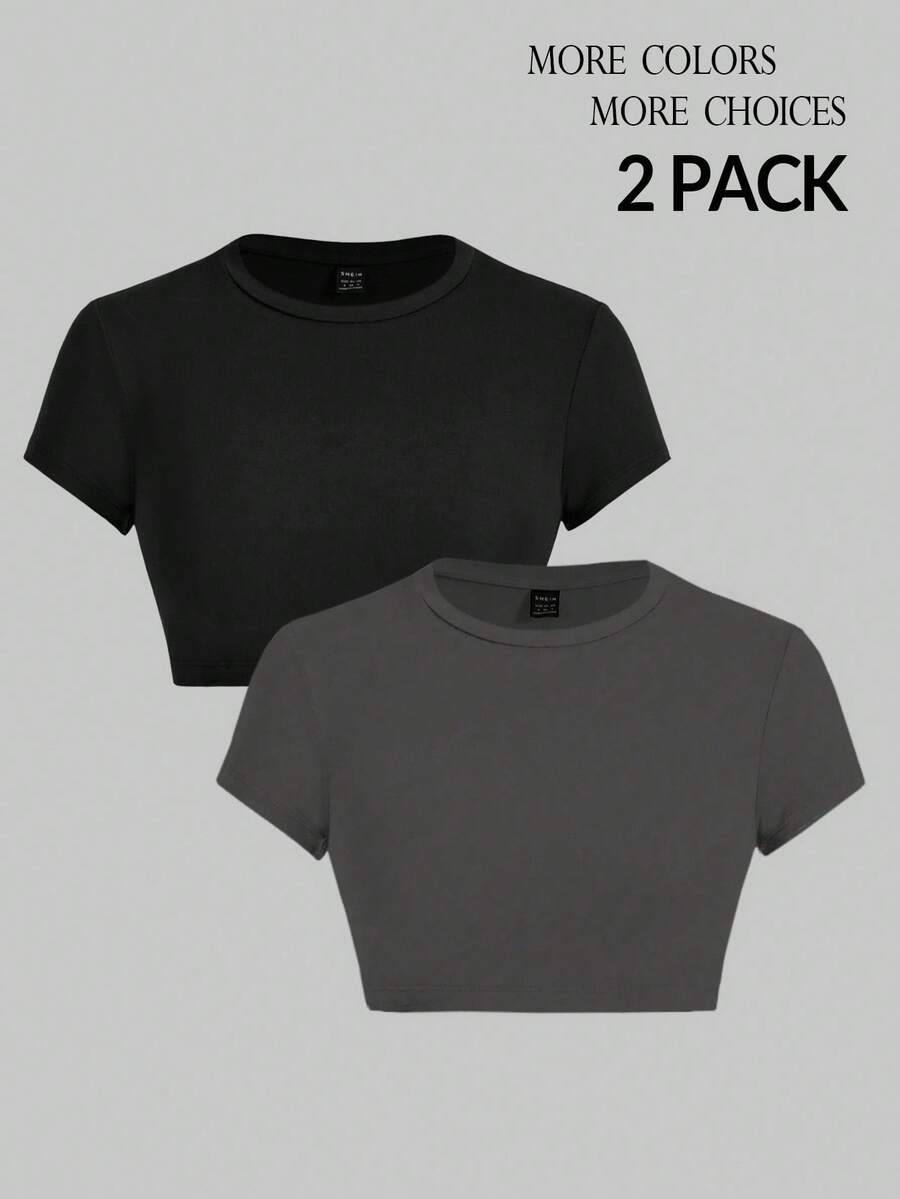 SHEIN PETITE 超短袖女式紧身T恤黑白两件套 - 彩色 - 查看 1