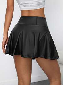 SHEIN PETITE Women's Casual PU Skirt With Shorts Lining, Summer - Black - View 2