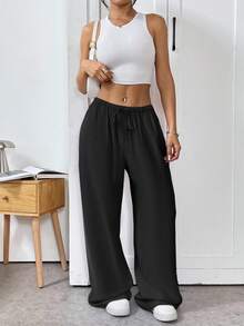 CovetEZ Woven Drawstring Waist Wide Leg Women Long Pants, Black Pants For Summer - Black - View 4
