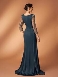 Serin Elegant Luxurious Blue Satin Dress With Sequin Beaded Embroidery,Sheer Sleeves,Ruched Mermaid Formal Gowns For Winter Evening Wedding Parties - Army Green - View 3