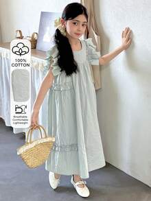 Dazy Kids Vestido de verano informal con volantes en las mangas para niñas preadolescentes, estilo vacacional de unicolor - Verde - Ver 1