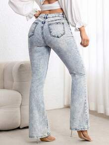 SHEIN ICON 纯色系带修身喇叭牛仔裤 - 淺色水洗藍 - 查看 2