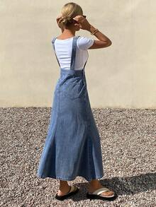 DAZY Pocket Washed Denim Pinafore Dress, Women's Summer Fitted Slimming Mermaid Maxi Denim Dress - Blue - View 2