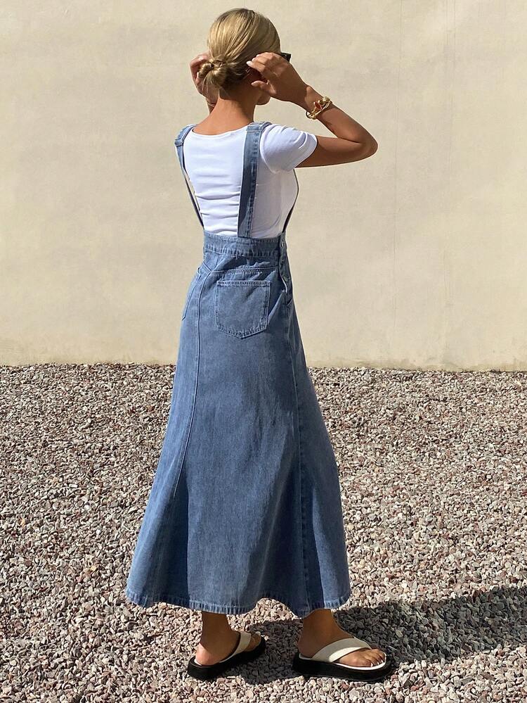 Pocket Washed Denim Pinafore Dress, Women's Summer Fitted Slimming Mermaid Maxi Denim Dress