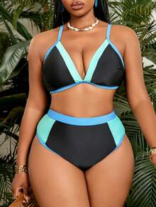 Slaydiva Plus Size Contrast Color Sexy Bikini 2 Pieces Set, Suitable For Beach, Resort, Swimming Pool - Multicolor - View 7