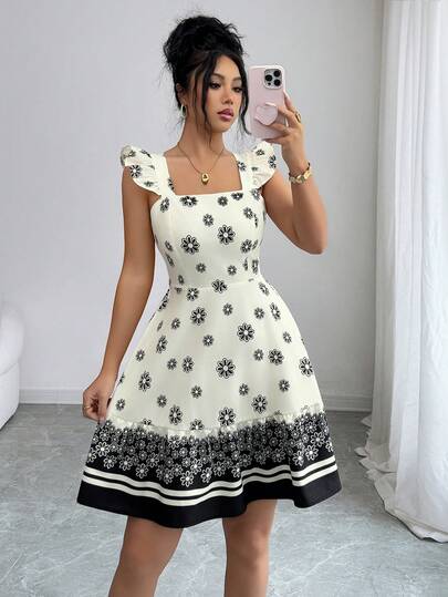 SHEIN Elenzya Women's Spring Summer Elegant Chic Black & White Monochrome Print Spaghetti Strap Dress Ruffled Trim Belted Waist A-Line Short Bohemian Style Suitable For Hot Spring Resort Beach Travel Leisure Vacation Outdoor Music Festival Date Gathering Daily Casual Home Outfits