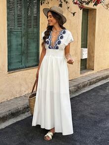 Louniche Women's Shirred Embroidered Waist Tie Side Slit Casual Vacation Dress, Spring/Summer - Blue and White - View 4