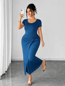 Elenzga Fashionable Casual French Retro Elegant Commuting Twist Waist Slit Midi Dress - Blue - View 1