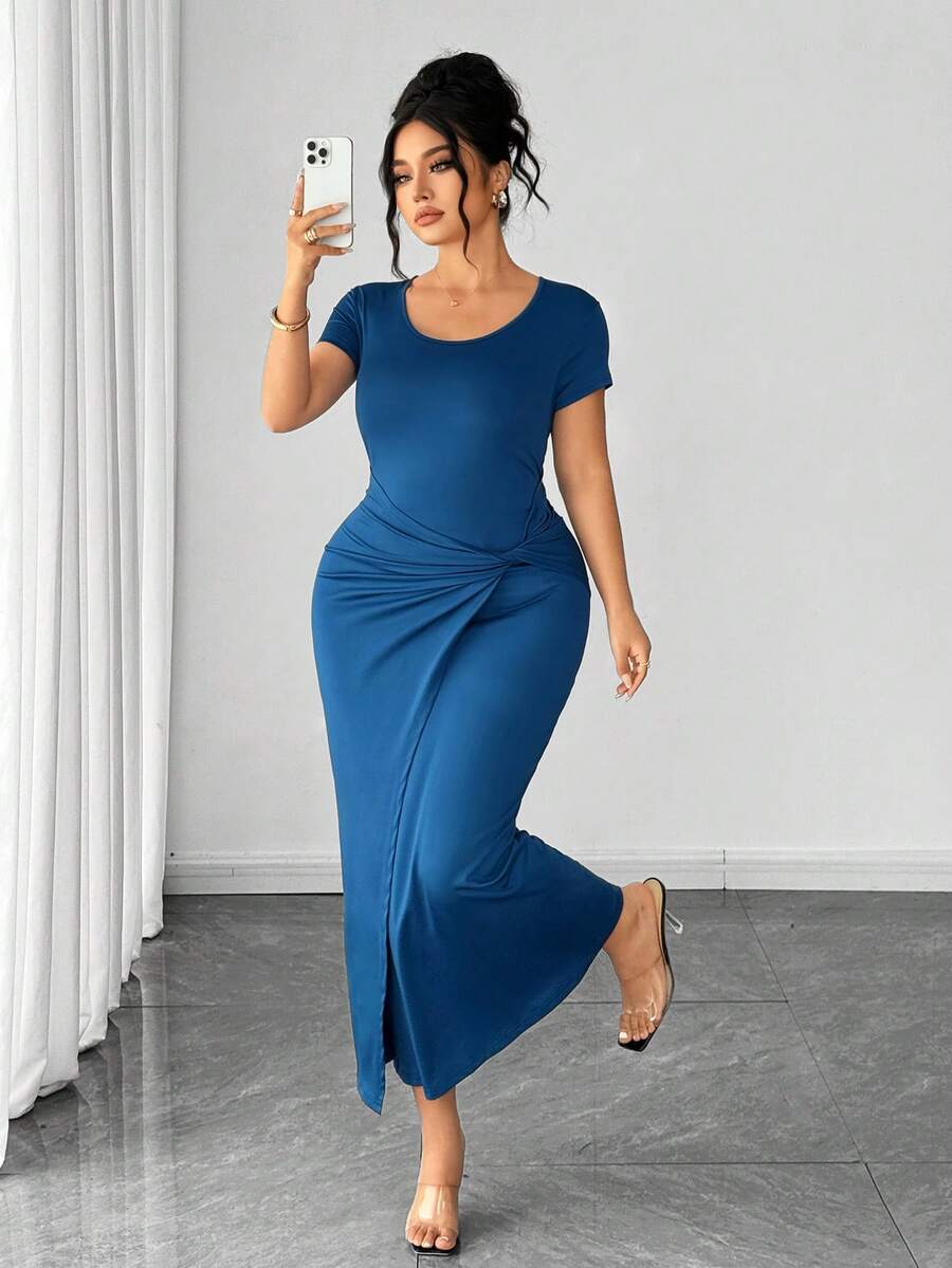 Elenzga Fashionable Casual French Retro Elegant Commuting Twist Waist Slit Midi Dress - Blue - View 1