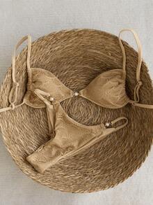 Swim Vcay 2026春夏绿色格纹+涤纶可调节侧边高衩比基尼套装，甜美度假风 - 卡其色 - 查看 2