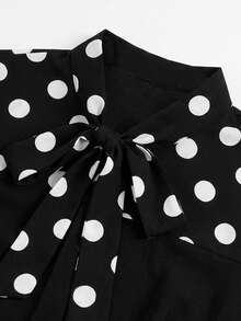 Elenzga Plus Size Women Elegant Commuter Color Block Polka Dot Print Patchwork Shirt - Black and White - View 5