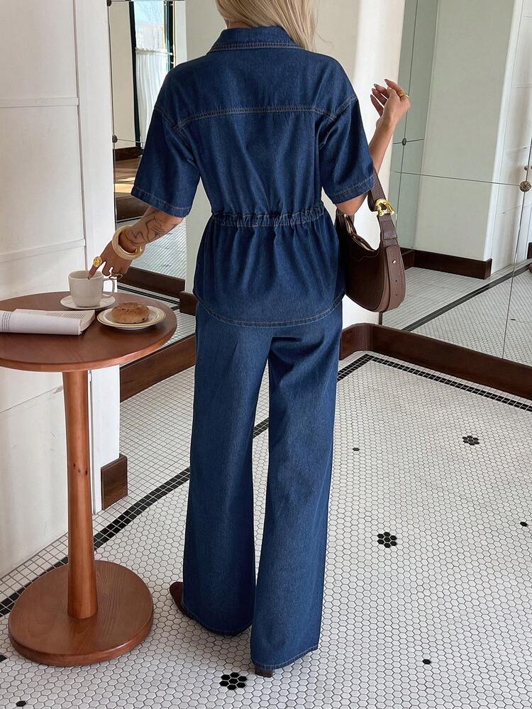 Women's Casual Washed Waist Belt Pocket Shirt And Wide Leg Jeans Set, Spring/Summer