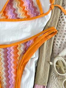 SHEIN Swim Mod Spring/Summer Knit Jacquard Wireless Camisole Top And Swim Shorts Women's Beach Holiday Travel Bikini Set Seashell Bathing Suit Boho Bikini Set - Orange - View 4