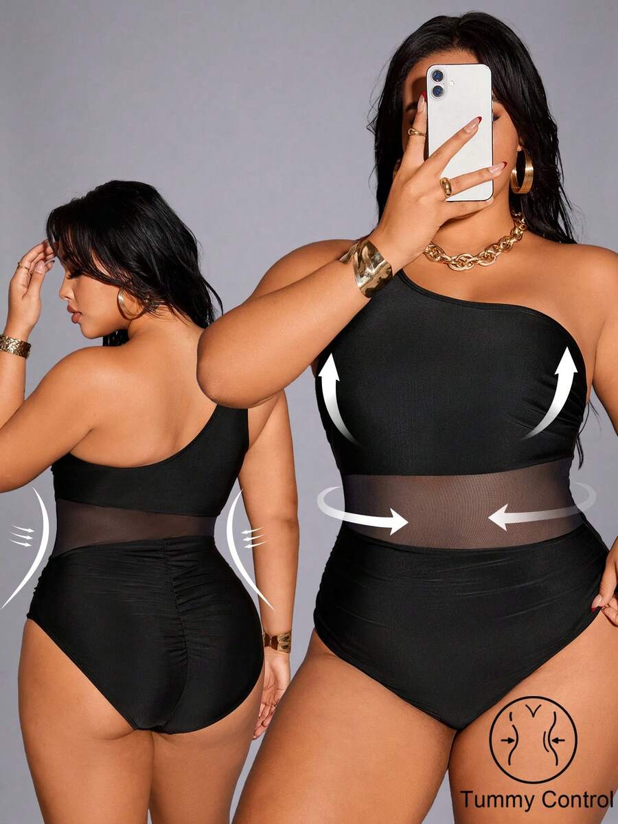 Shapewave Plus Size Women Solid Color Contrast Mesh One-Piece Swimsuit, Fashionable For Vacation - Black - View 1