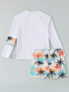 SHEIN Tween Boys Swimwear,Palm Tree Long Sleeve Top And Shorts 2-Piece Swimsuit Set,Funny White Rash Guard For Kids,Summer Vacation Pool Party Holiday - Multicolor - View 3