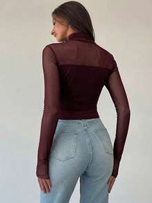 Aloruh Body elegante de malla transparente para mujer, unicolor burdeos - Burdeos - Ver 3