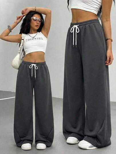 Sparklyn Loose Fit Gray Sweatpants With Curved Leg Design For Teen GirlCasual & Fashionable All-Match Versatile Joggers Suitable For Dancing, School, Sports