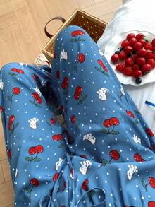 DAZY 樱桃小狗印花宽松直筒长款睡裤（女款） - 藍色 - 查看 7